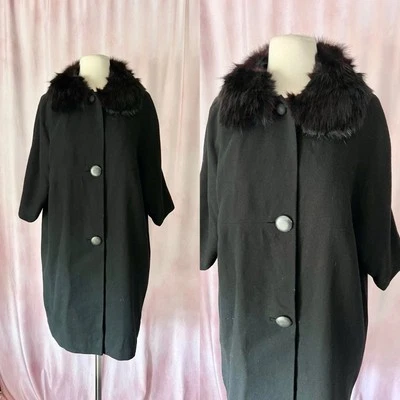 Vintage 1950s Wool Coat M/L Womens Black Fur Collar Button Front Formal Swing - Image 1 of 4