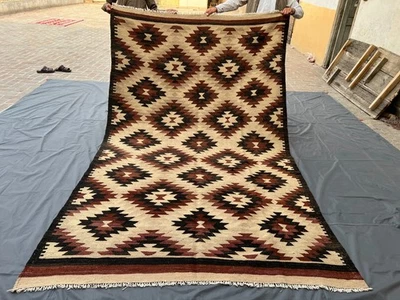 Alfombra Kilim afgana 6x9 - Patrón de diamante geométrico audaz - Tejido plano de lana natural. Foto 1 de 4