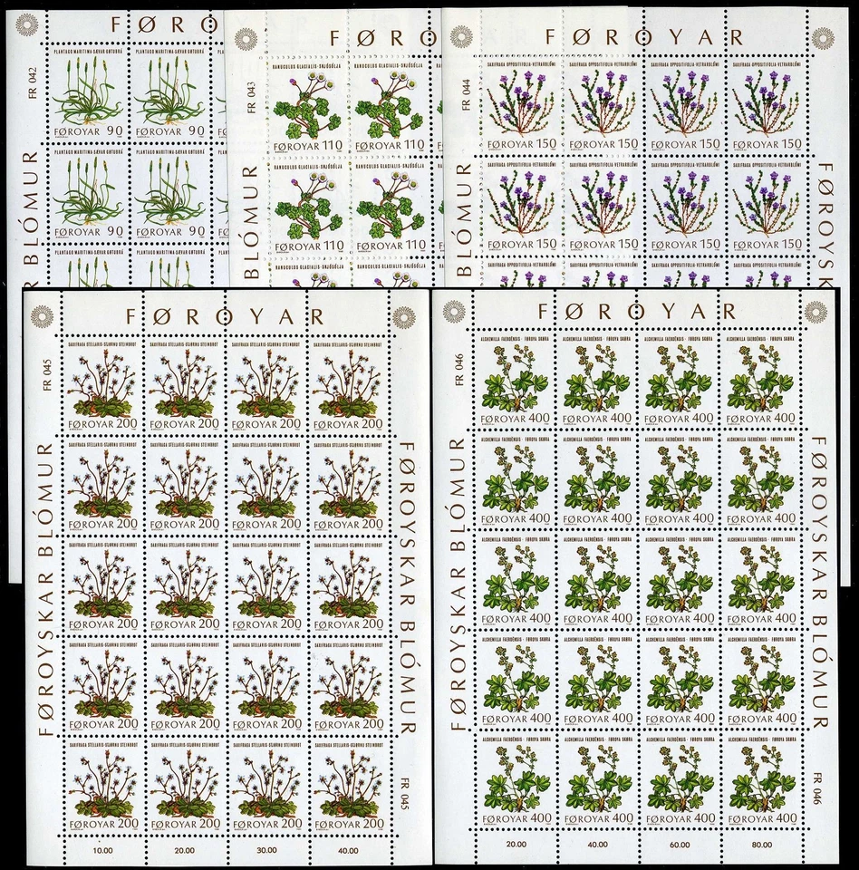 Faroe 48-52 sheets of 20, MNH. Michel 48-52. Plants 1980: Sea Plantain, Glacier, - Image 1 of 1