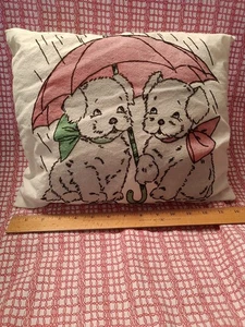 Vtg Vogart Pillow 2 Pups Under An Umbrella Hand Embroidered Tinted Too Sweet!!! - Picture 1 of 6