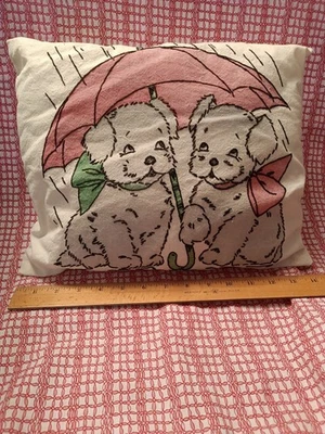Vtg Vogart Pillow 2 Pups Under An Umbrella Hand Embroidered Tinted Too Sweet!!! - Image 1 of 4