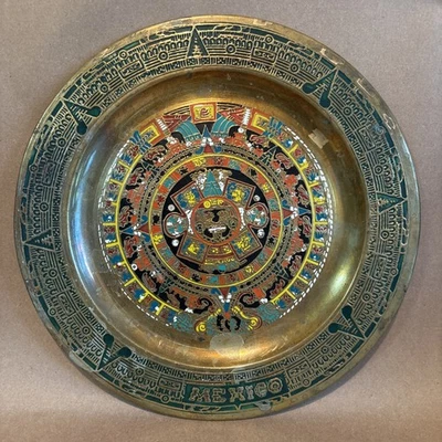Vtg Mexico Mexican Hammered Brass Aztec Hanging Plate Colorful Enamel Inlay 8" - Image 1 of 4