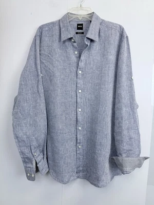 Hugo Boss Pure 100% Linen Shirt Men's XL Long Roll-up Sleeve Button-Down Blue - Image 1 of 4