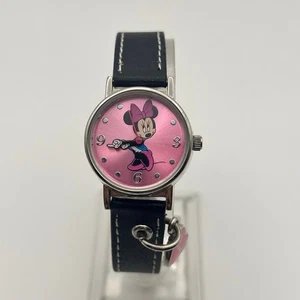 Disney Minnie Mouse Pink Dial Black Leather Kids Watch - Picture 1 of 8