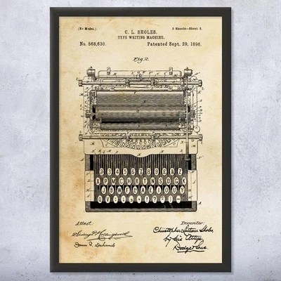 PATENT EARTH Typewriter Patent Wall Art Poster, Canvas or Framed Writer Gift Journalist Gift