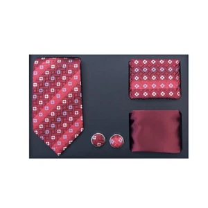 Nuevo Formal Para hombres Corbata Delgada Hankie Gemelos Juego de Regalo Patrón Rojo Borgoña - Imagen 1 de 3