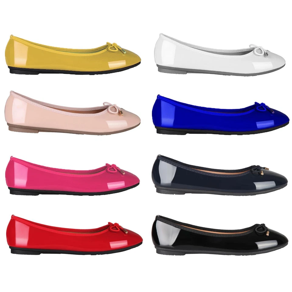 Womens Ladies Patent Flat Shoes Ballerina Ballet Dolly Court Pumps Slip On Bow