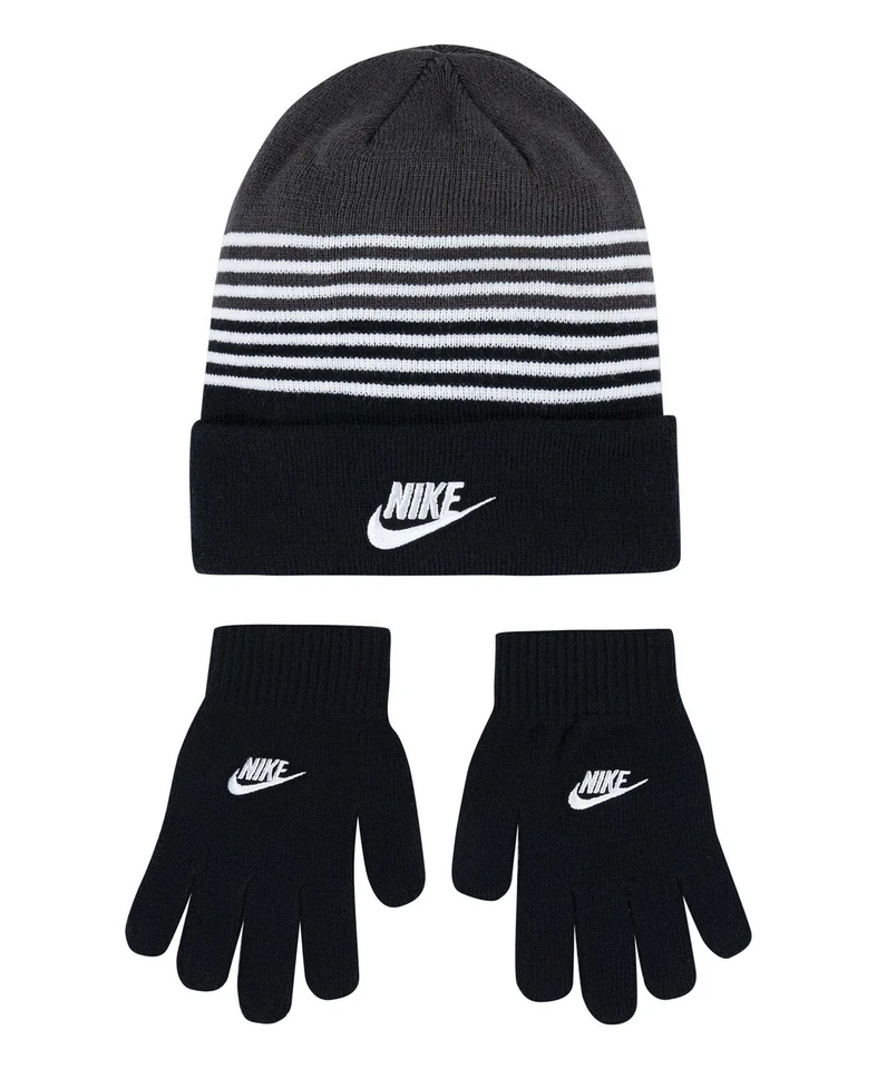 Nike Boys (Kids) Black/White/Grey Striped Beanie & Gloves Set (9A2945-023) -8/20