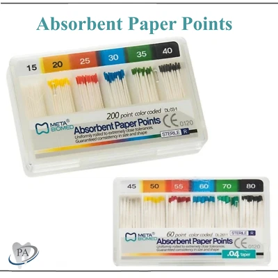 Dental Meta Absorbent Paper Points Sterilized Taper 0.4 / 0.6 Sizes 15 -80, 60Bx - Image 1 of 3