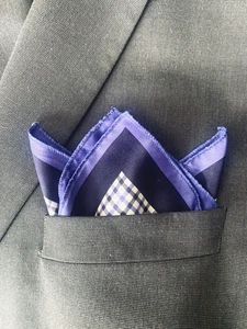 Double-sided Pocket Square Handkerchief Blue Black Wht Check/Solid Silk 14” NWOT - Picture 1 of 5