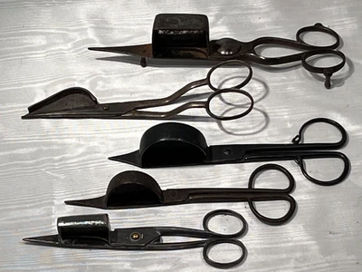Lot 5 Antique Hand Forged Iron Candle Wick Trimmer Snuffer Scissors Tools - Image 1 of 4