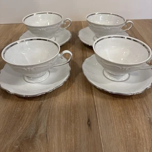 Juego de 4 tazas y platillos de café Winterling Bavaria China borde platino blanco 1918-35 - Imagen 1 de 9