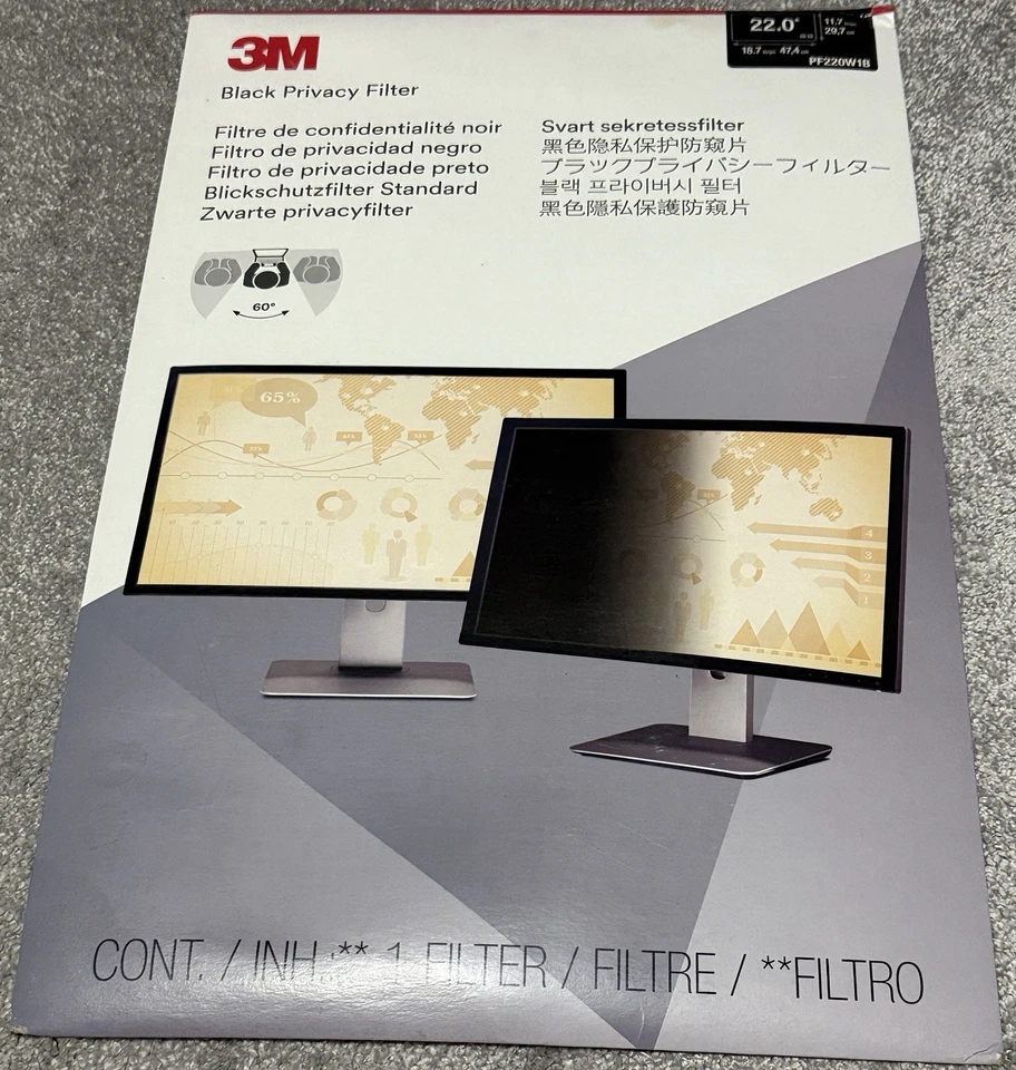 3M Black Privacy Filter for 22 inch Widescreen LCD Monitors PF220W1B (16:10) - Image 1 of 4