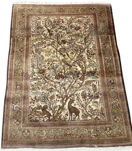 4X5 Fine Silk Tapestry Ghhomm rug 100% Silk Tree of Life 104x152cm Vintage Rug - Picture 1 of 10