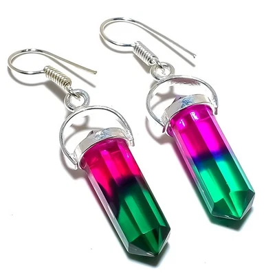 Punto de Navidad - Pendiente de plata de ley 925 con piedras preciosas de turmalina bicolor 1,9" i361 Foto 1 de 4