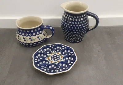 Original Bunzlauer Keramik Pfauenauge Konvolut Krug + Tasse + Eierteller - Bild 1 von 4