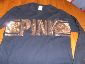 PINK VICTORIA'S SECRET T-SHIRT "SEQUIN'S LOGO" L/S SCHWARZ DAMEN GR. M - Bild 1 von 6
