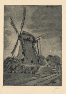 Mühle in Landschaft, Lith. Symbolismus Architektur 1900-1924 Unbekannt (20.Jhd) - Bild 1 von 4