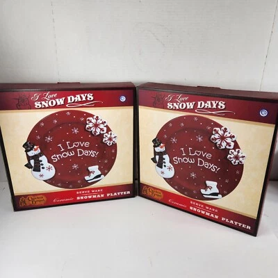 (2) Cracker Barrel I LOVE SNOW DAYS Muñeco de Nieve Plato Navidad Cerámica Copo de Nieve Foto 1 de 4