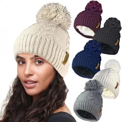 ROCK JOCK WOMENS LADIES CABLE KNIT WINTER POM POM BOBBLE SKI BEANIE HAT FUR FLEECE LINING