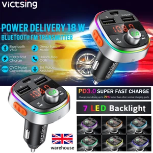 VicTsing Bluetooth 5.0 Car Kit FM Transmitter MP3 Player 3 USB Fast Charger Siri - Picture 1 of 9