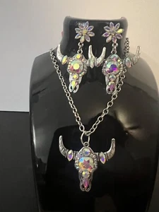 Westernschmuck Silber Strass Stierkopf Anhänger Halskette & Ohrringe - Bild 1 von 4