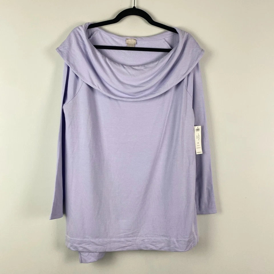 Chico's Chicos Zenergy Tunic Top Sz 2 Cozy Brushed Fleece Lilac Off Shoulder