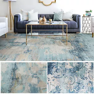 Extra Large Floor Rug/ Washable Carpet / Soft Abstract Runner/ Aqua Blue Gold - Picture 1 of 25