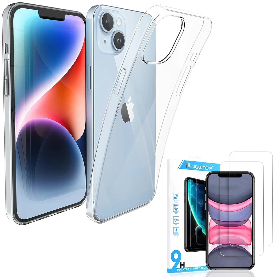 TPU CLEAR Cover + 2 Pellicola Vetro Custodia Case Trasparente Display per IPHONE - Immagine 1 di 4