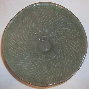 Saks Fifth Avenue art pottery vessel, Saks celadon handmade bowl, 2-side design - Picture 1 of 12