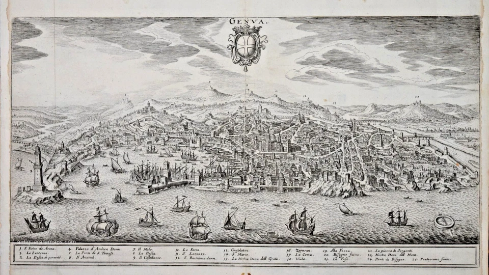 GENUINE ANTIQUE PANORAMA - GENOA - GENOVA - GENVA, PUBLISHED BY MERIAN, 1688. - Image 1 of 1
