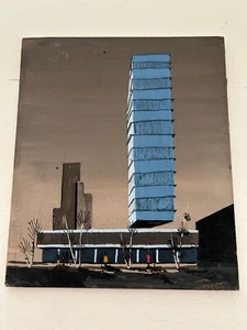 Architectural art midcentury modern rendering, 6 1/4 x 7 1/2, original painting - Picture 1 of 6