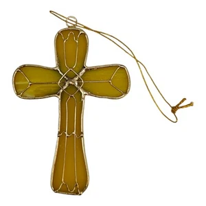 Stained Glass Cross Ornament Suncatcher Yellow Gold - Picture 1 of 5