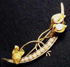 Antique Victorian 10k Gold & Seed Pearls Brooch Crescent & Flowers Design 2.2g