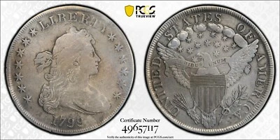RARE-1799 Draped Bust Dollar PCGS -VF Details Plugged-Variety BB-157 LOW MINTAGE - Image 1 of 4