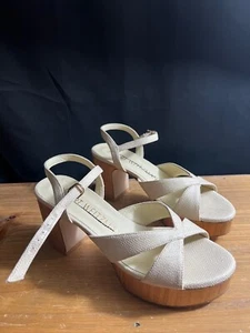 NWOB STUART WEITZMAN Carmen Midi 75MM Woven Linen Platform Wooden Heel Sandal 6B - Picture 1 of 9