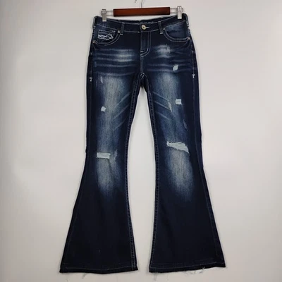 Cowgirl Tuff Jeans Womens 28 Blue Let It Be Flared Distressed Stretch Denim - Image 1 of 4