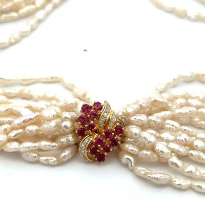 Estate 14k Yellow Gold Rice Pearl Multi Strand Necklace Ruby Diamond Closure - Image 1 of 4