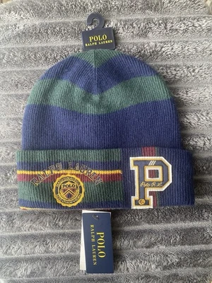 Polo Ralph Lauren вышитый логотип «P» нашивка в полоску Beanie Cap Madison Ave новый с Ярлыками - Изображение 1 из 4