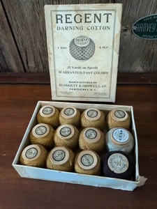 Antique Regent Darning Cotton Sewing Thread Wooden Spools 12 Spools Original Box - Picture 1 of 5