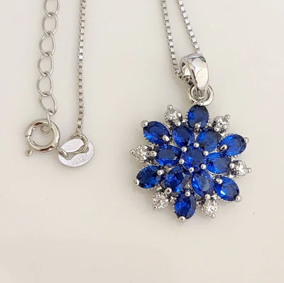 Zafiro Genuino 3/4"" Floral Colgante CAJA Cadena Plata de Ley 925 Foto 1 de 3