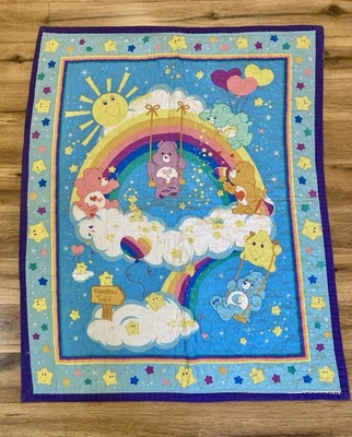 "Manta de bebé vintage Care Bears edredón para guardería arco iris sendero borde azul 41""x33,5""" Foto 1 de 4