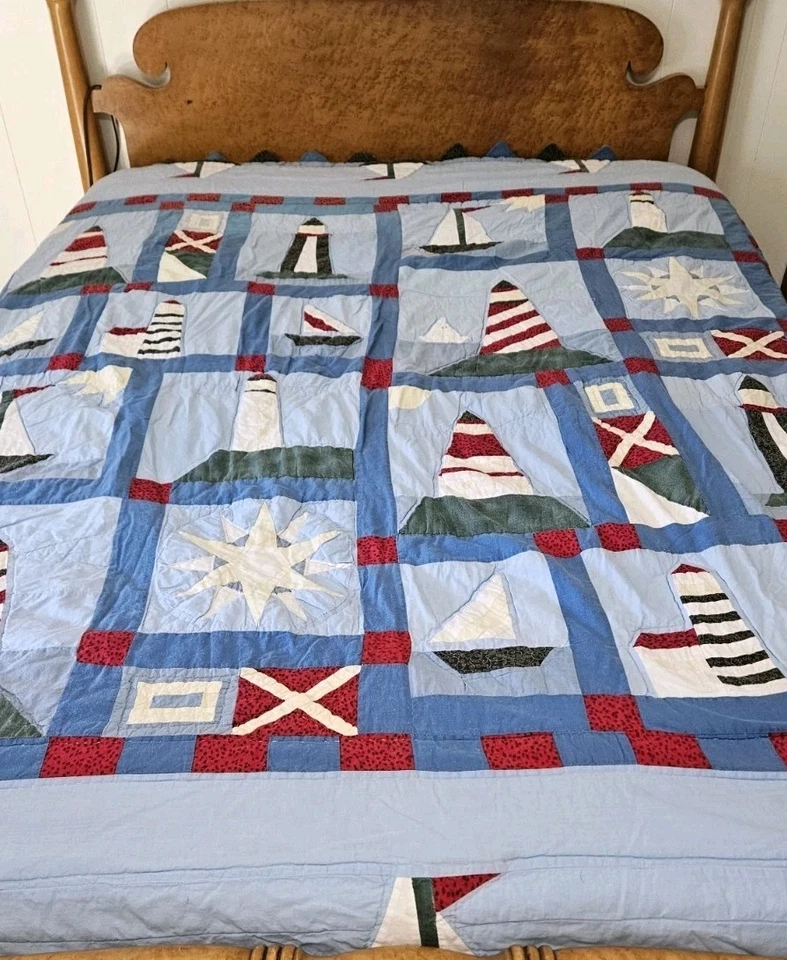   Nautical Boats And Lighthouse Quilt.   86 × 86 - Image 1 of 4
