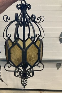Mid-Century Vintage Spanish Gothic Wrough Iron Amber Glass Hanging Light 4 Bulb - Picture 1 of 7