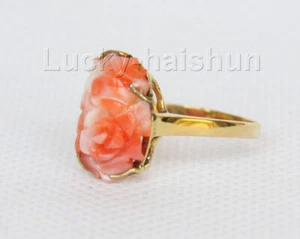 Anelli Perle Corallo Intagliato Naturale AAA 16mm Rosa Corallo Argento 925 j9873 7# - Foto 1 di 2