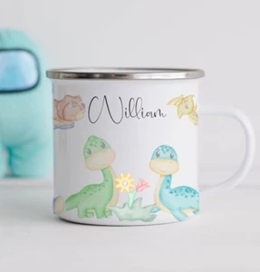 Taza Esmaltada Dinosaurios Personalizada, Posavasos Calidad, Diseño Dino Único - Imagen 1 de 2