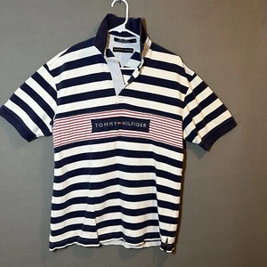 Tommy Hilfiger Spellout Patch Polo Shirt Adult Med Blue & White Retro - Picture 1 of 11