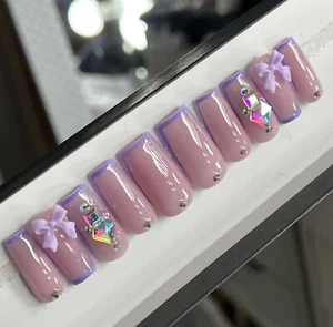 ๐๐ CUSTOM Press On Nails FRENCH PURPLE BOW BLING Rhinestones 10p SET W Kit - Picture 1 of 11