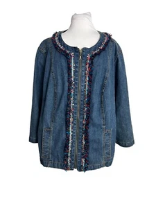 Ruby Rd Womens Size 20W Denim Jacket Blazer Full Front Zip Colorful Ruffle Artsy - Picture 1 of 9