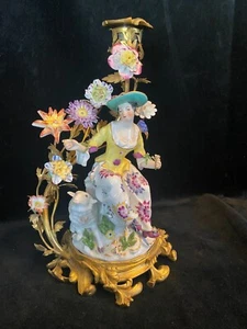 ANTIQUE FRENCH GILT BRONZE FIGURAL CANDELABRA With PORCELAIN FLOWERS - Picture 1 of 13